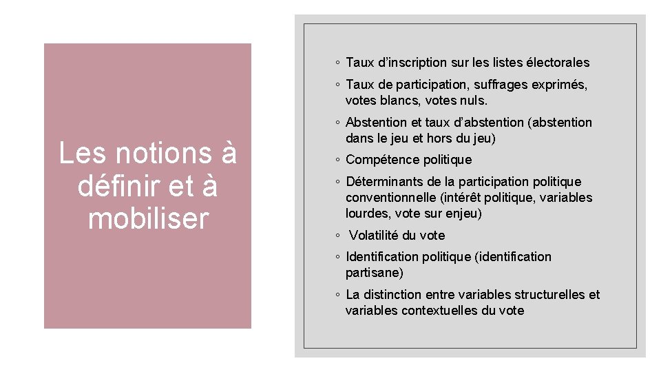 ◦ Taux d’inscription sur les listes électorales ◦ Taux de participation, suffrages exprimés, votes