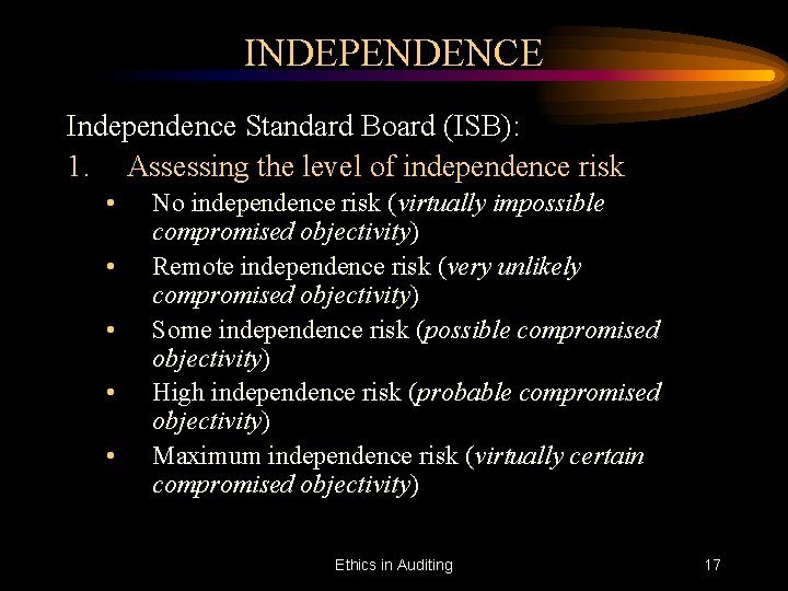 INDEPENDENCE Independence Standard Board (ISB): 1. Assessing the level of independence risk • •