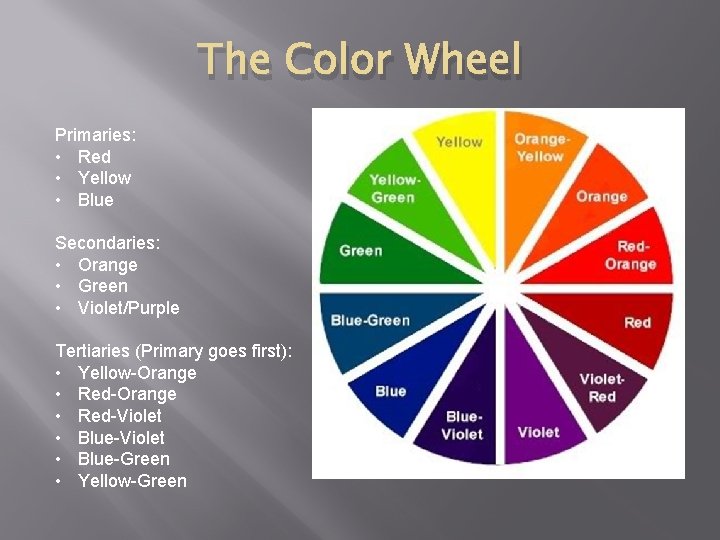 The Color Wheel Primaries: • Red • Yellow • Blue Secondaries: • Orange •