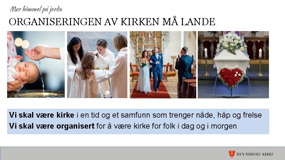 ORGANISERINGEN AV KIRKEN MÅ LANDE Vi skal være kirke i en tid og et