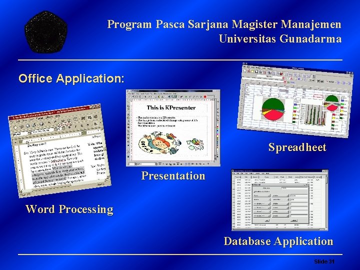 Program Pasca Sarjana Magister Manajemen Universitas Gunadarma Office Application: Spreadheet Presentation Word Processing Database