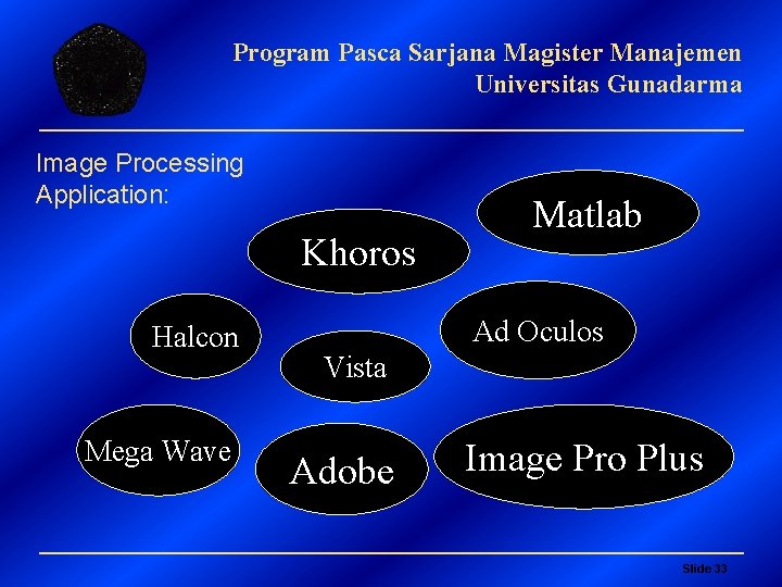 Program Pasca Sarjana Magister Manajemen Universitas Gunadarma Image Processing Application: Khoros Halcon Mega Wave