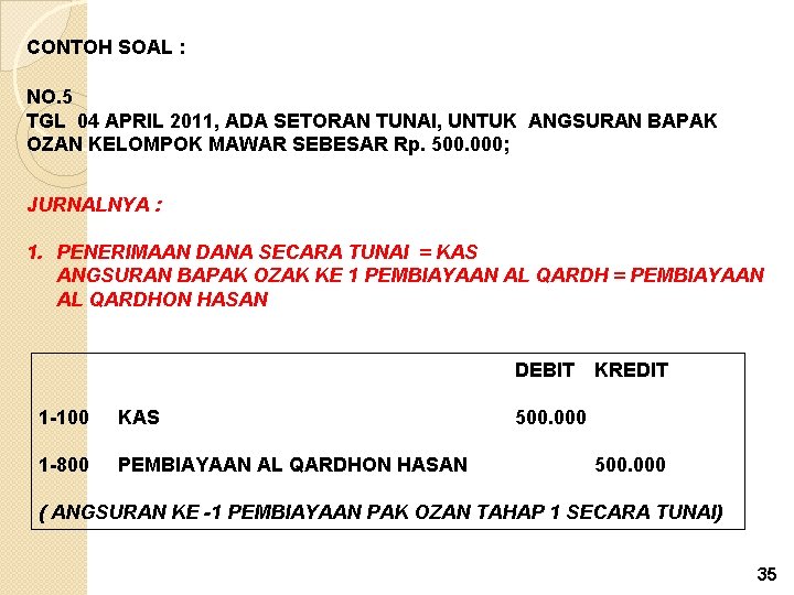 CONTOH SOAL : NO. 5 TGL 04 APRIL 2011, ADA SETORAN TUNAI, UNTUK ANGSURAN