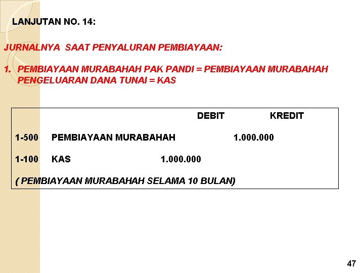 LANJUTAN NO. 14: JURNALNYA SAAT PENYALURAN PEMBIAYAAN: 1. PEMBIAYAAN MURABAHAH PAK PANDI = PEMBIAYAAN