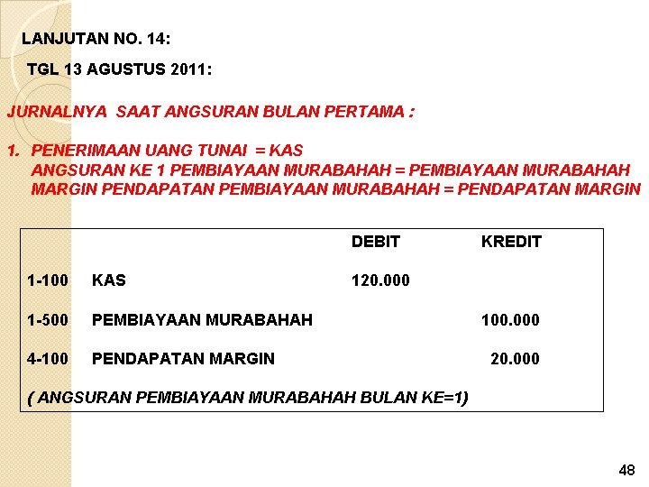 LANJUTAN NO. 14: TGL 13 AGUSTUS 2011: JURNALNYA SAAT ANGSURAN BULAN PERTAMA : 1.