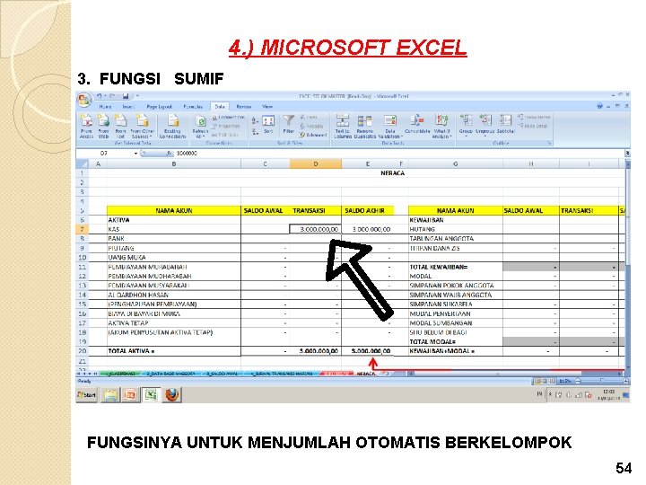 4. ) MICROSOFT EXCEL 3. FUNGSI SUMIF FUNGSINYA UNTUK MENJUMLAH OTOMATIS BERKELOMPOK 54 