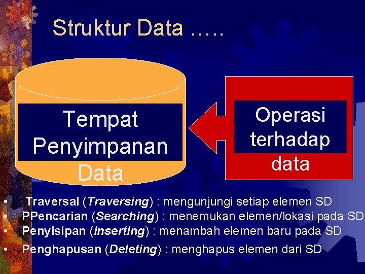 Struktur Data …. . Tempat Penyimpanan Data • • Operasi terhadap data Traversal (Traversing)