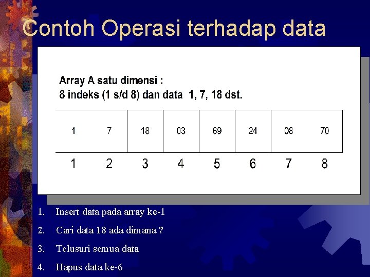Contoh Operasi terhadap data 1. Insert data pada array ke-1 2. Cari data 18