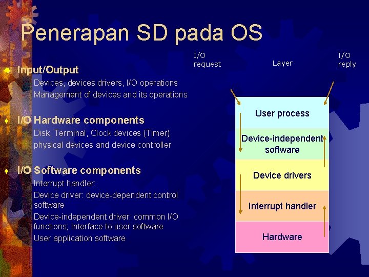 Penerapan SD pada OS ® Input/Output - ¨ Disk, Terminal, Clock devices (Timer) physical
