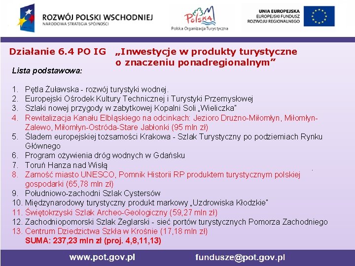 Działanie 6. 4 PO IG Lista podstawowa: 1. 2. 3. 4. „Inwestycje w produkty