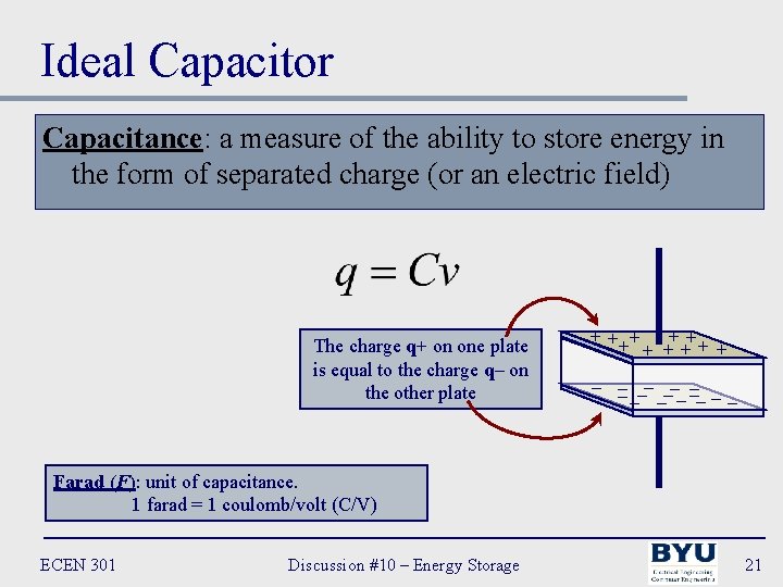 Ideal Capacitor Capacitance: a measure of the ability to store energy in the form