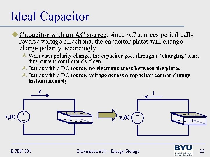 Ideal Capacitor u Capacitor with an AC source: since AC sources periodically reverse voltage