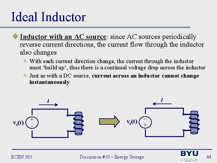 Ideal Inductor u Inductor with an AC source: since AC sources periodically reverse current