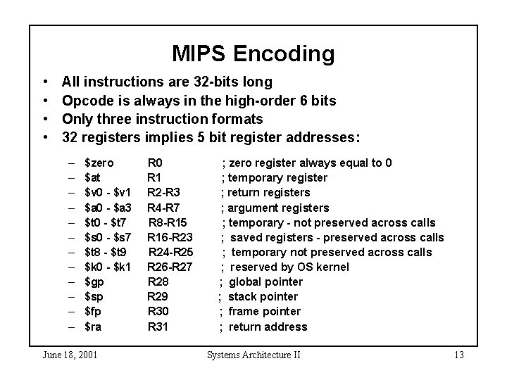 MIPS Encoding • • All instructions are 32 -bits long Opcode is always in