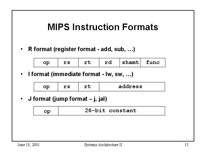 MIPS Instruction Formats • R format (register format - add, sub, …) op rs