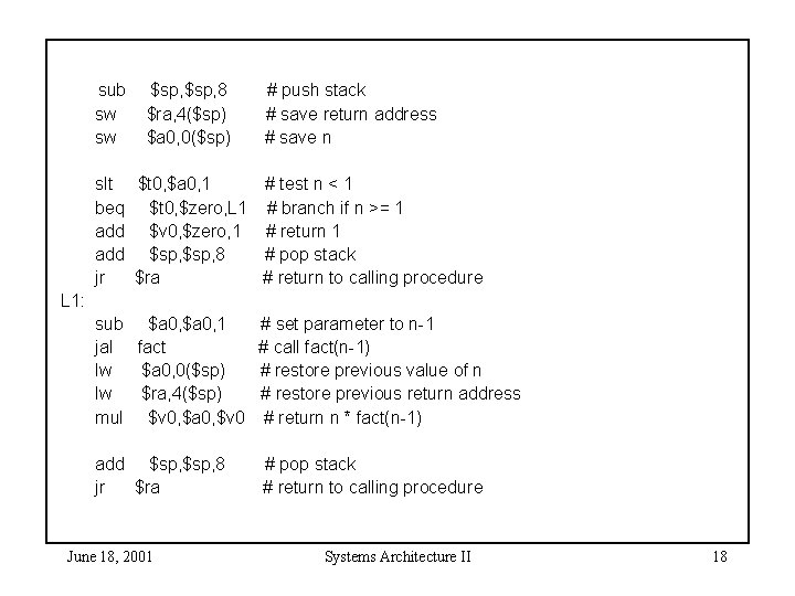 sub sw sw $sp, 8 $ra, 4($sp) $a 0, 0($sp) # push stack #