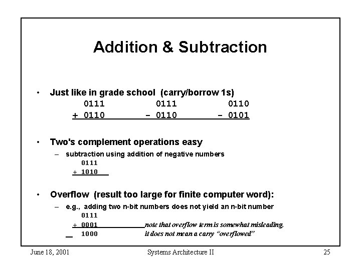 Addition & Subtraction • Just like in grade school (carry/borrow 1 s) 0111 0110