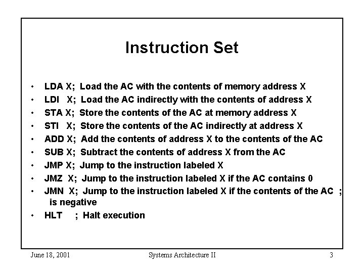 Instruction Set • • • LDA X; Load the AC with the contents of
