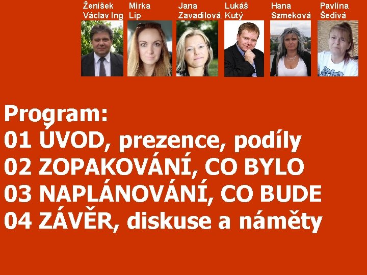 Ženíšek Mirka Václav Ing. Lip. Jana Lukáš Zavadilová. Kutý Hana Szmeková Pavlína Šedivá Program: