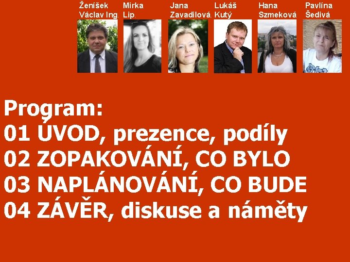 Ženíšek Mirka Václav Ing. Lip. Jana Lukáš Zavadilová. Kutý Hana Szmeková Pavlína Šedivá Program: