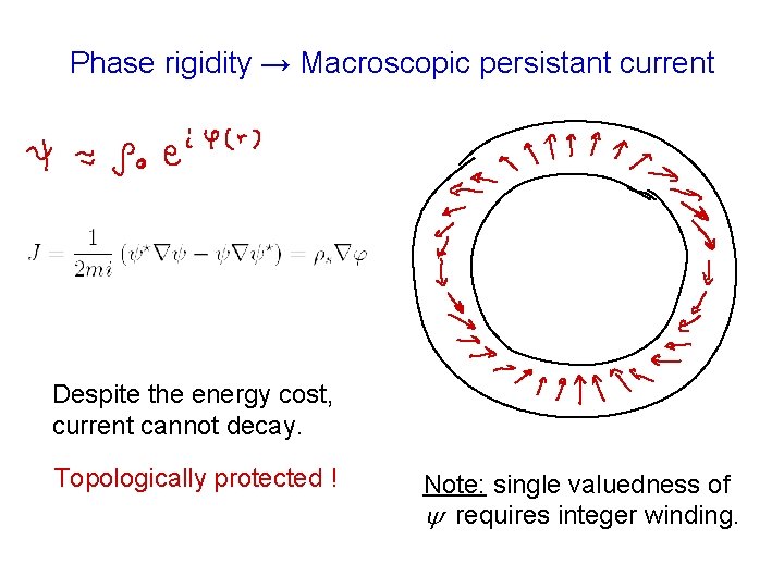 Phase rigidity → Macroscopic persistant current Despite the energy cost, current cannot decay. Topologically