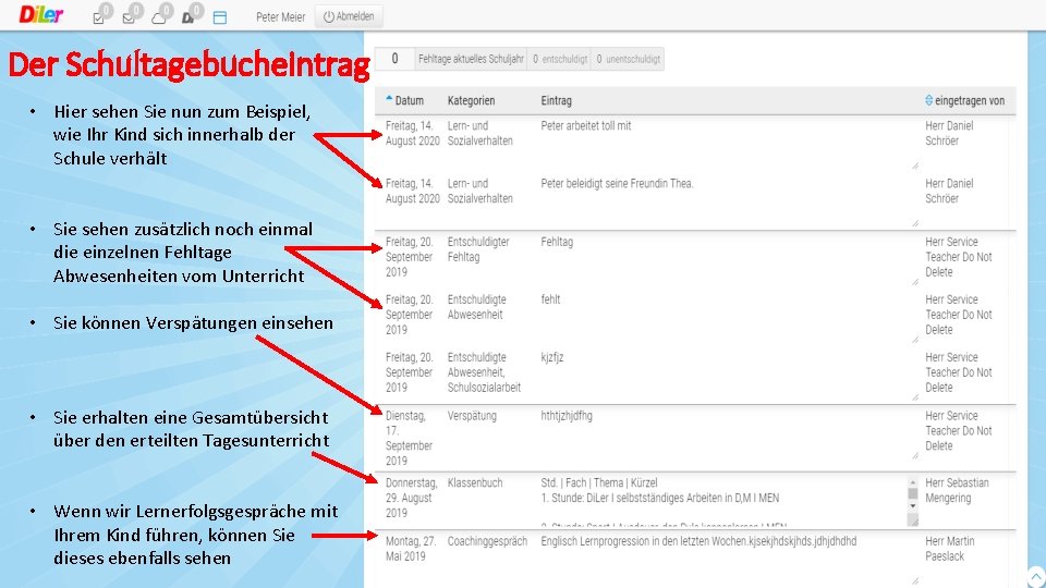 Der Schultagebucheintrag • Hier sehen Sie nun zum Beispiel, wie Ihr Kind sich innerhalb