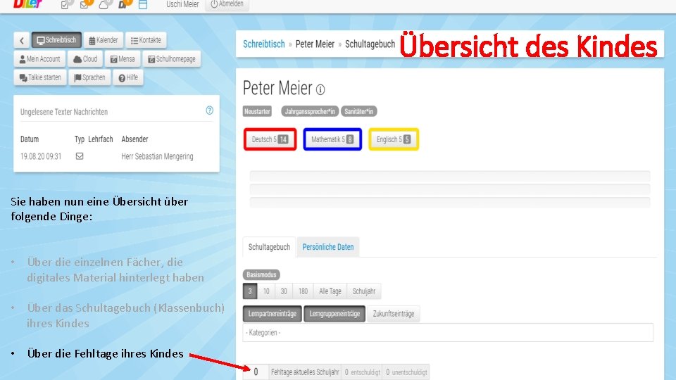 Übersicht des Kindes Sie haben nun eine Übersicht über folgende Dinge: • Über die