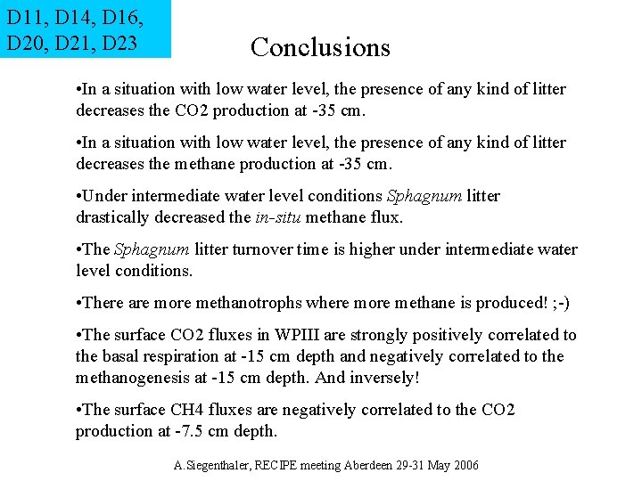 D 11, D 14, D 16, D 20, D 21, D 23 Conclusions •