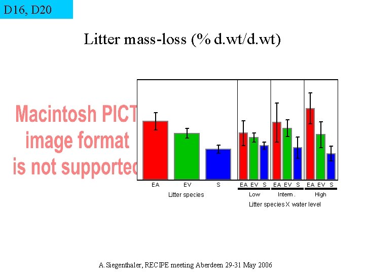 D 16, D 20 Litter mass-loss (% d. wt/d. wt) EA EV Litter species