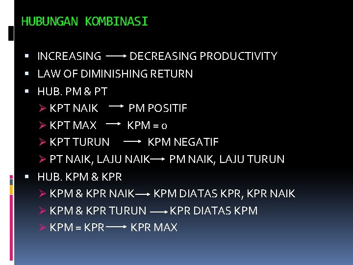 HUBUNGAN KOMBINASI INCREASING DECREASING PRODUCTIVITY LAW OF DIMINISHING RETURN HUB. PM & PT Ø