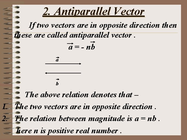 2. Antiparallel Vector If two vectors are in opposite direction these are called antiparallel
