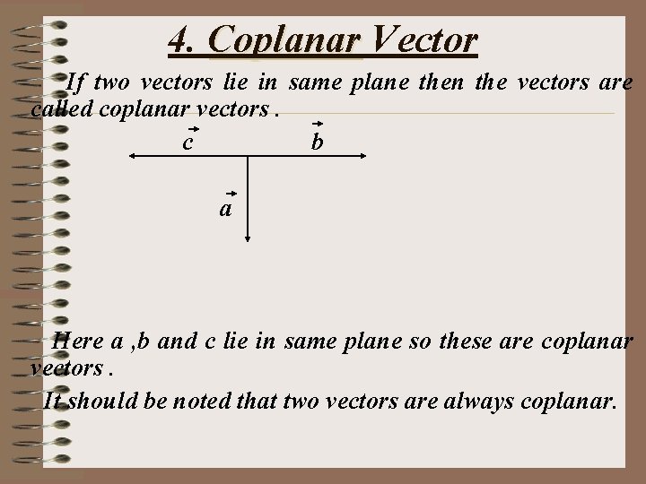 4. Coplanar Vector If two vectors lie in same plane then the vectors are