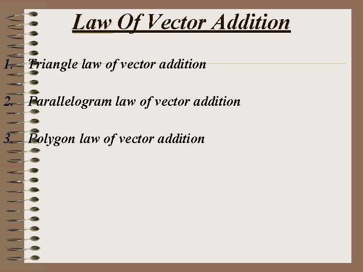 Law Of Vector Addition 1. Triangle law of vector addition 2. Parallelogram law of