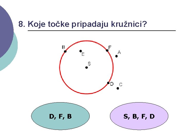 8. Koje točke pripadaju kružnici? D, F, B S, B, F, D 