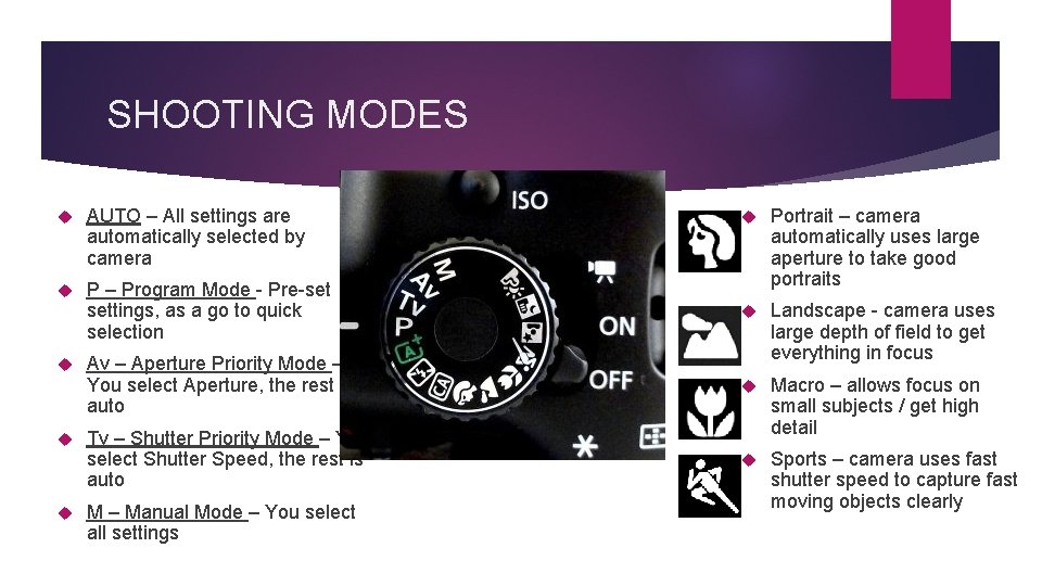 SHOOTING MODES P – Program Mode - Pre-set settings, as a go to quick