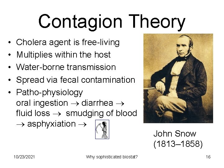 Contagion Theory • • • Cholera agent is free-living Multiplies within the host Water-borne