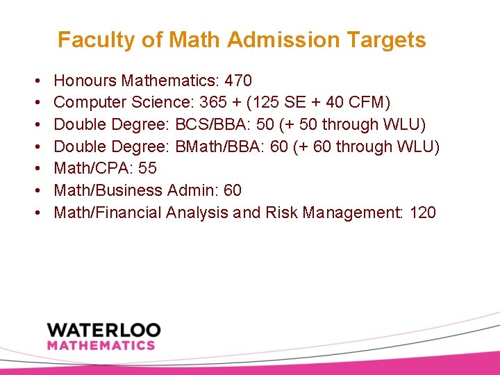 Faculty of Math Admission Targets • • Honours Mathematics: 470 Computer Science: 365 +