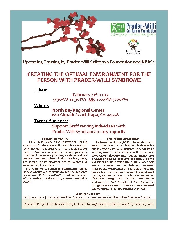 Upcoming Training by Prader-Willi California Foundation and NBRC: CREATING THE OPTIMAL ENVIRONMENT FOR THE