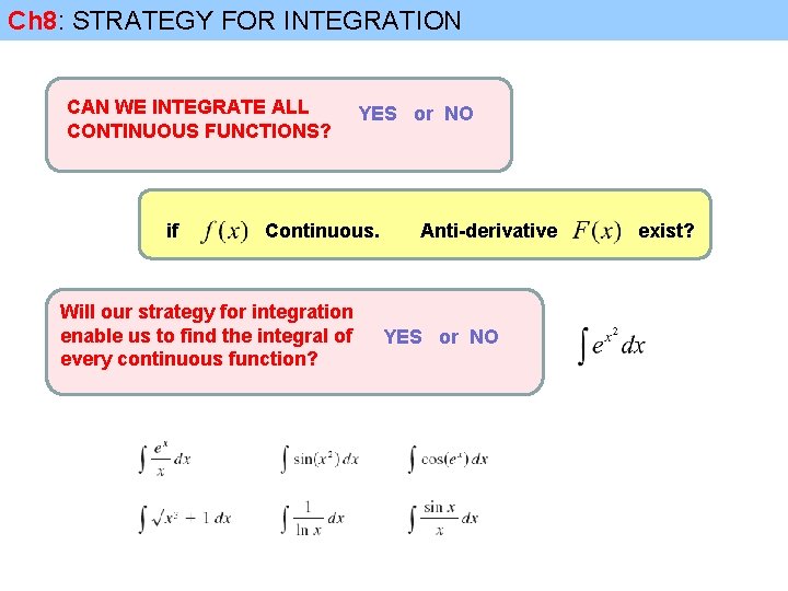 Ch 8: STRATEGY FOR INTEGRATION CAN WE INTEGRATE ALL CONTINUOUS FUNCTIONS? if YES or