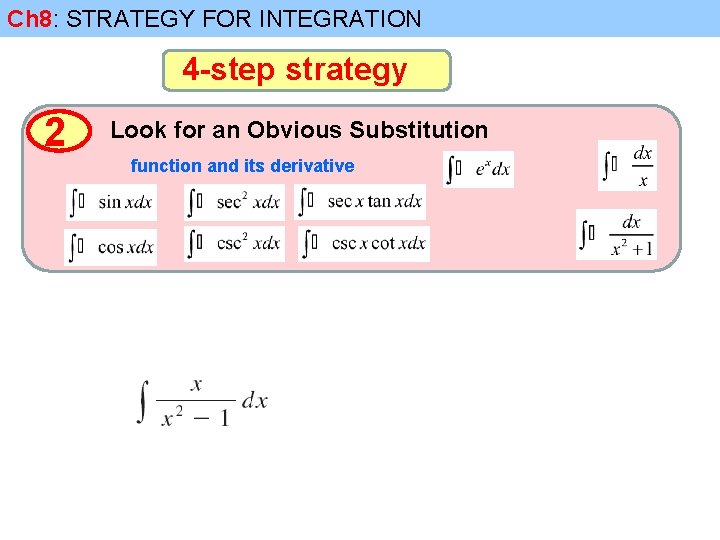 Ch 8: STRATEGY FOR INTEGRATION 4 -step strategy 2 Look for an Obvious Substitution