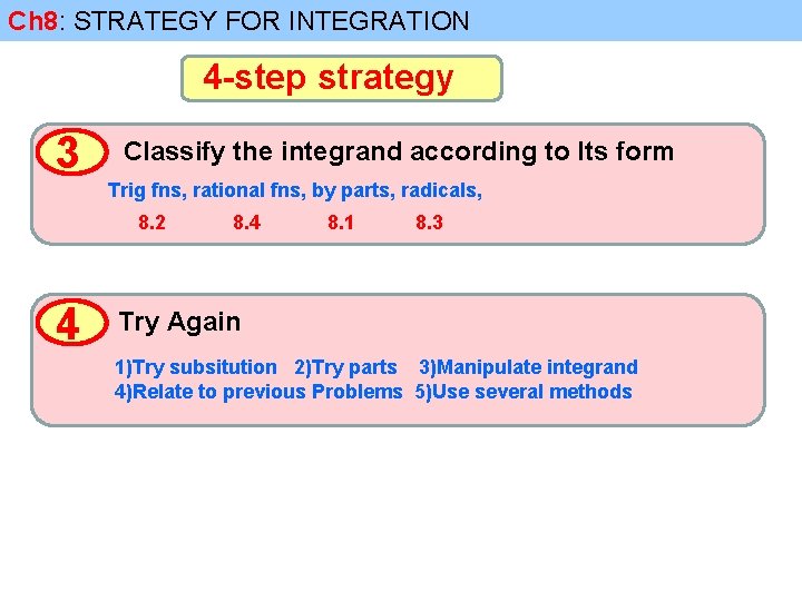 Ch 8: STRATEGY FOR INTEGRATION 4 -step strategy 3 Classify the integrand according to