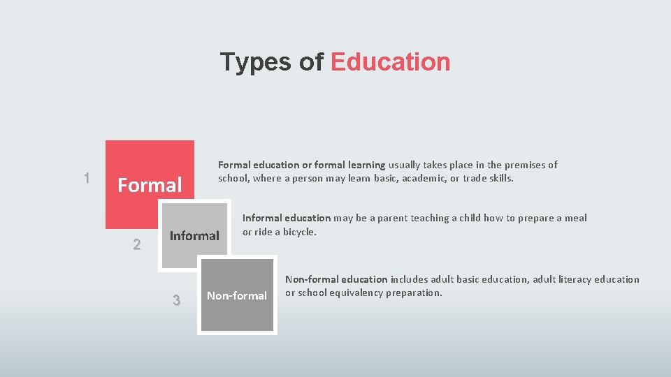 Types of Education 1 Formal 2 Formal education or formal learning usually takes place