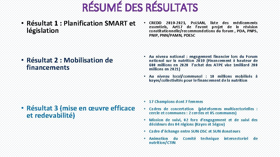 RÉSUMÉ DES RÉSULTATS • Résultat 1 : Planification SMART et législation • CREDD 2019