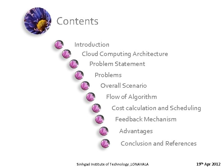 Contents Introduction Cloud Computing Architecture Problem Statement Problems Overall Scenario Flow of Algorithm Cost