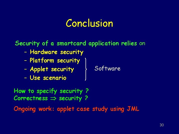 Conclusion Security of a smartcard application relies on – Hardware security – Platform security