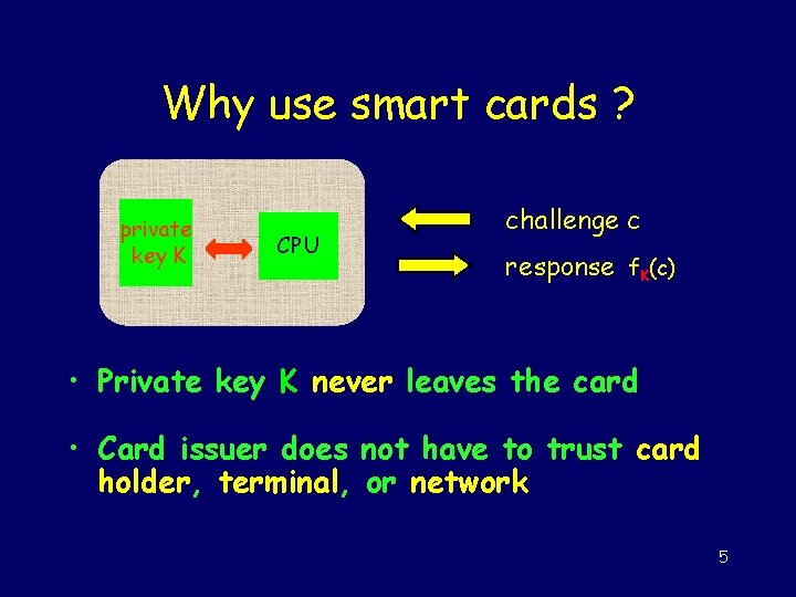 Why use smart cards ? private key K CPU challenge c response f. K(c)