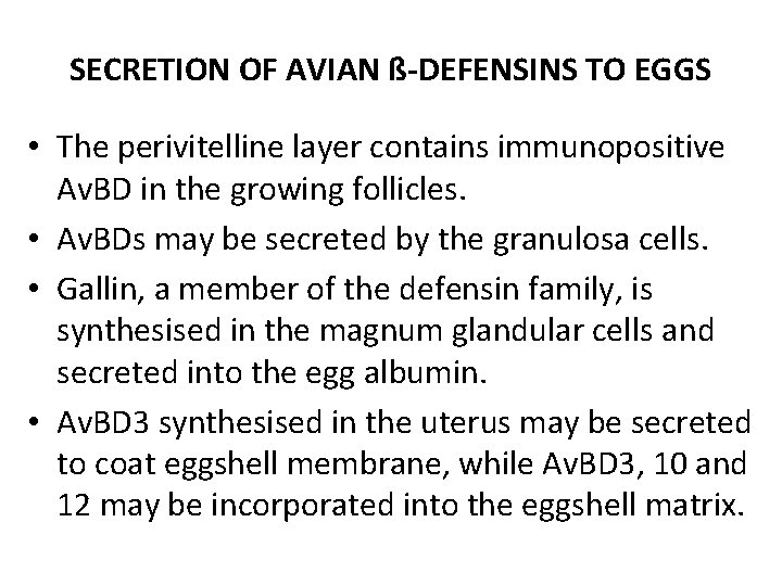 SECRETION OF AVIAN ß-DEFENSINS TO EGGS • The perivitelline layer contains immunopositive Av. BD SECRETION OF AVIAN ß-DEFENSINS TO EGGS • The perivitelline layer contains immunopositive Av. BD