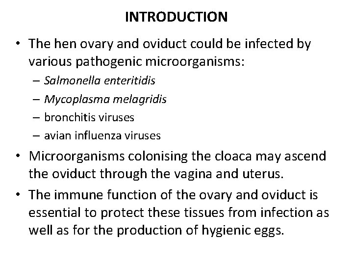 INTRODUCTION • The hen ovary and oviduct could be infected by various pathogenic microorganisms: INTRODUCTION • The hen ovary and oviduct could be infected by various pathogenic microorganisms: