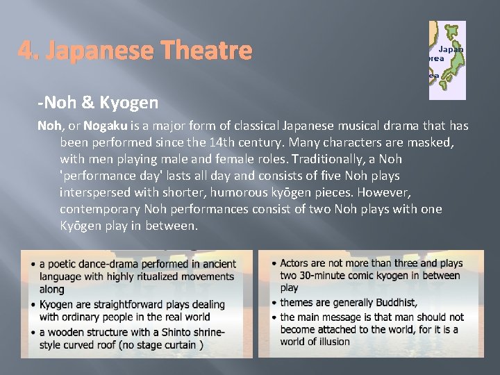 4. Japanese Theatre -Noh & Kyogen Noh, or Nogaku is a major form of