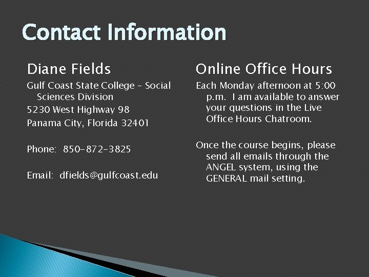 Contact Information Diane Fields Online Office Hours Phone: 850 -872 -3825 Once the course